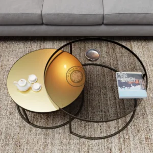 Steel Frame Round Coffee Tables With Storage, Set of 2 (Glass Finish)