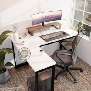 L-Shaped Gaming Desk Computer Desk with Shelf (Engineerwood white)