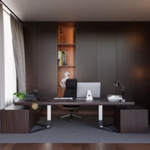 Premium Executive Table with Side Credenza (Steel Base, Sheesham wood)