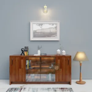 Wooden Sideboard Cabinet for Living Room, Drawing Room, Office & Lounge | Material: Sheesham Solid Wood | Storage Type: Glass Doors and Two doors